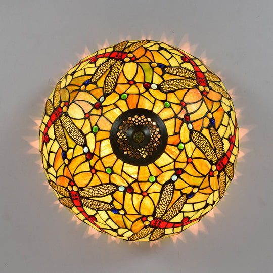 Tiffany-Style Dragonfly Cut Glass Ceiling Lamp - Bronze Flush Mount With 3 Heads Elegant Light