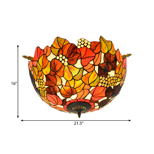 Tiffany - Style Hand Cut Glass Brass Light Fixture With 5 Grape Lights - Semi Flush Mount Ceiling