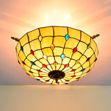 5-Head Tiffany Beaded Art Glass Ceiling Light Fixture In Brass Semi Flush Mount - 21.5/25.5 Width /