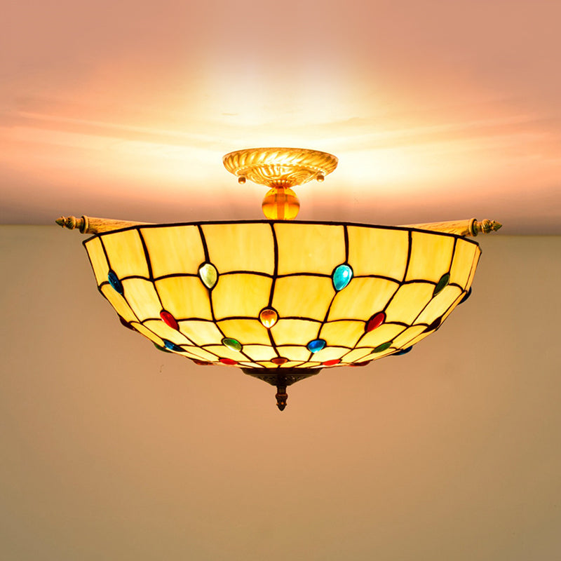 Tiffany Style Handcrafted Art Glass Ceiling Light Fixture - 5 Heads Semi Flush Mount Brass Finish