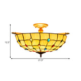 5-Head Tiffany Beaded Art Glass Ceiling Light Fixture In Brass Semi Flush Mount - 21.5/25.5 Width