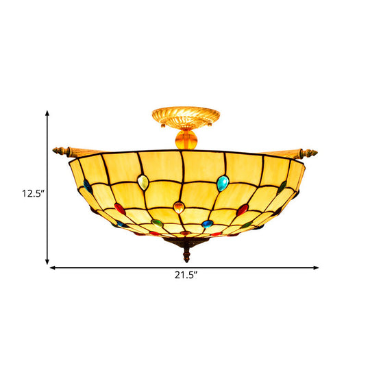 5-Head Tiffany Beaded Art Glass Ceiling Light Fixture In Brass Semi Flush Mount - 21.5/25.5 Width