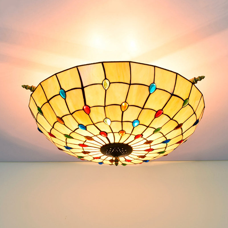 Tiffany Style Handcrafted Art Glass Ceiling Light Fixture - 5 Heads Semi Flush Mount Brass Finish