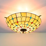 5-Head Tiffany Beaded Art Glass Ceiling Light Fixture In Brass Semi Flush Mount - 21.5/25.5 Width /