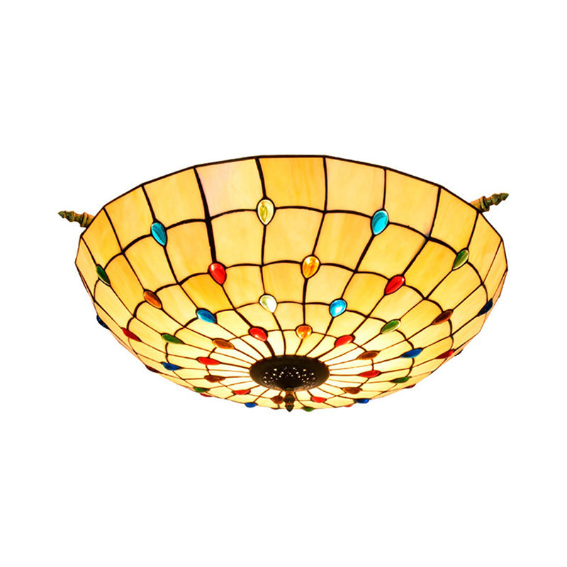 Tiffany Style Handcrafted Art Glass Ceiling Light Fixture - 5 Heads Semi Flush Mount Brass Finish