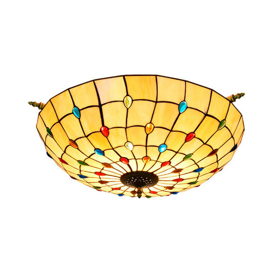Tiffany Style Handcrafted Art Glass Ceiling Light Fixture - 5 Heads Semi Flush Mount Brass Finish