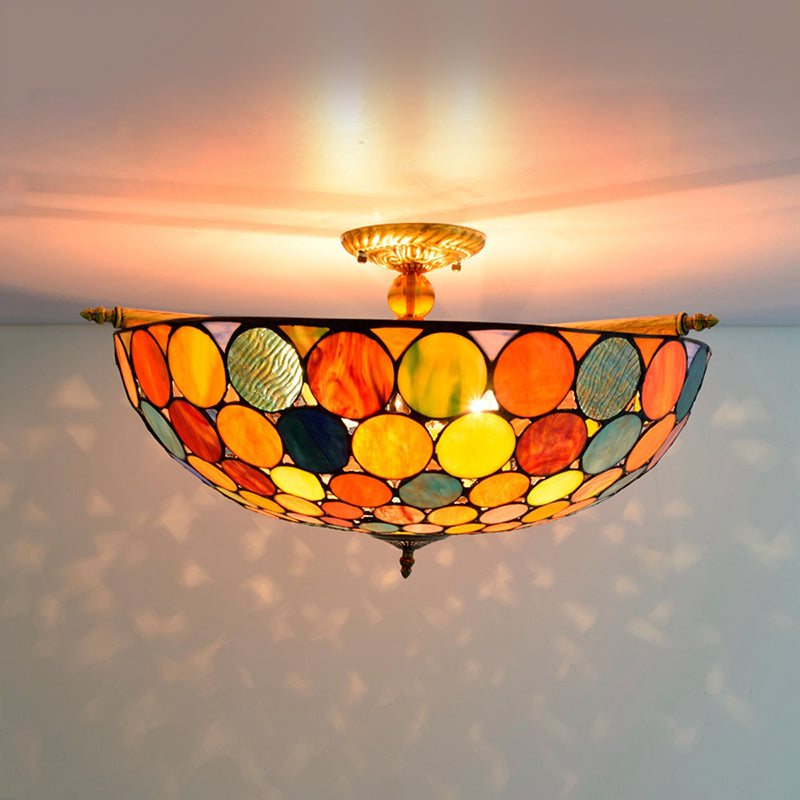 Tiffany - Style Stained Glass Circle Flush Mount Lighting With 5 Brass Heads - 21.5’/25.5’ Wide