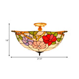 Colorful Stained Glass Flower Ceiling Fixture With 5 Tiffany Style Lights - Pink/Yellow/Blue Semi