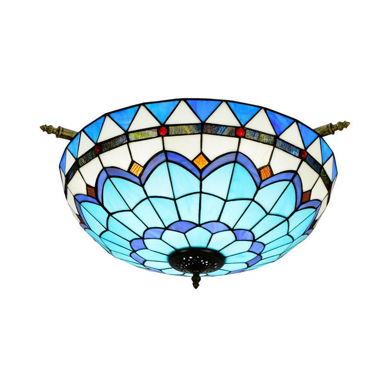 Handcrafted Baroque Dome Semi Flush Mount Ceiling Lamp With 5 Stained Glass Bulbs In White/Blue –