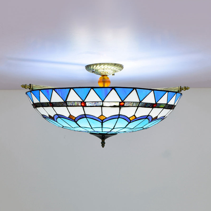 Handcrafted Baroque Dome Semi Flush Mount Ceiling Lamp With 5 Stained Glass Bulbs In White/Blue –