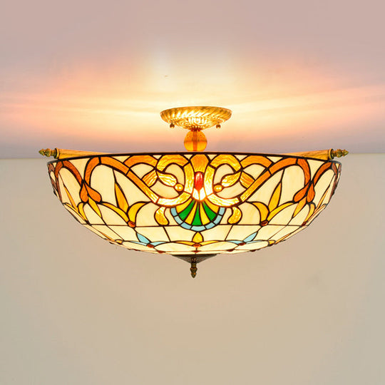 Handcrafted Baroque Dome Semi Flush Mount Ceiling Lamp With 5 Stained Glass Bulbs In White/Blue –