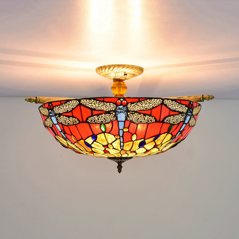 Dragonfly Ceiling Tiffany Brass Stained Glass Flush Mount Light - 5 Lights 21.5’/25.5’ Width