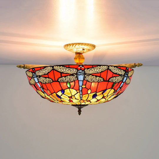 Dragonfly Ceiling Tiffany Brass Stained Glass Flush Mount Light - 5 Lights 21.5’/25.5’ Width