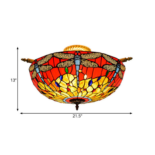 Dragonfly Ceiling Tiffany Brass Stained Glass Flush Mount Light - 5 Lights 21.5’/25.5’ Width