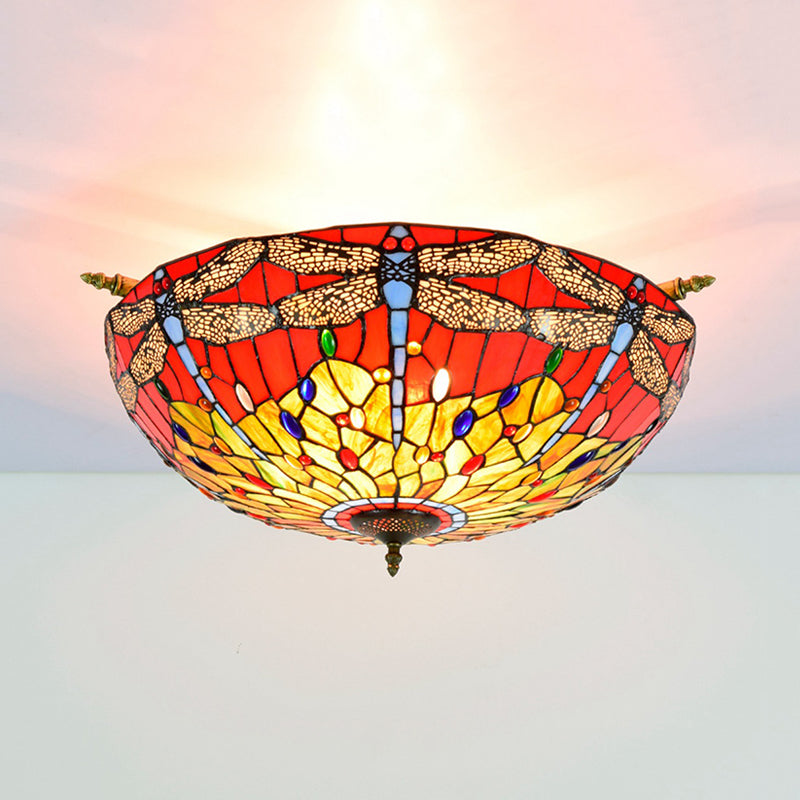 Dragonfly Ceiling Tiffany Brass Stained Glass Flush Mount Light - 5 Lights 21.5’/25.5’ Width / 25.5’