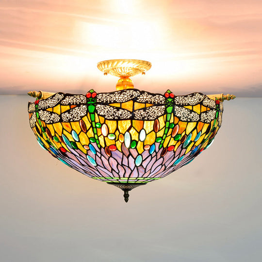 Tiffany - Style Dragonfly Stained Art Glass Ceiling Flush Mount With 5 Red/Blue Heads