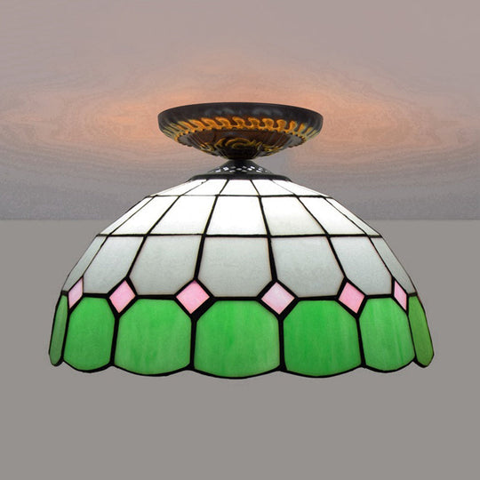 Handcrafted Stained Glass Tiffany Flush Mount Light: Led Grid Pattern 1 Bulb Close To Ceiling Lamp