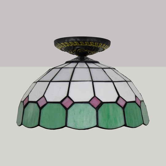 Handcrafted Stained Glass Tiffany Flush Mount Light: Led Grid Pattern 1 Bulb Close To Ceiling Lamp