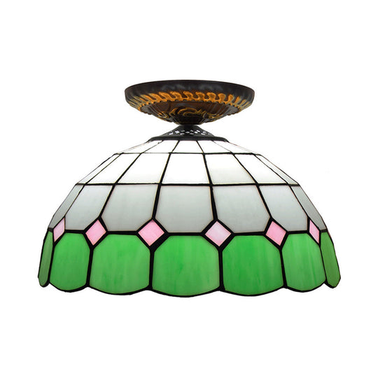 Handcrafted Stained Glass Tiffany Flush Mount Light: Led Grid Pattern 1 Bulb Close To Ceiling Lamp
