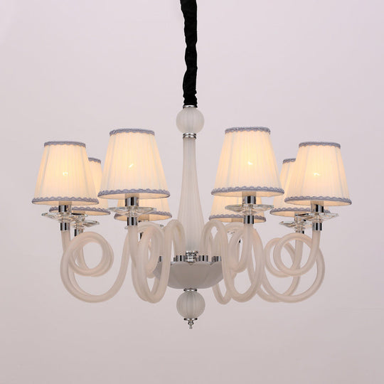 Swirled Arm Ceiling Chandelier - Vintage Design 12 Lights Glass Hanging Lamp With Cone Fabric Shade