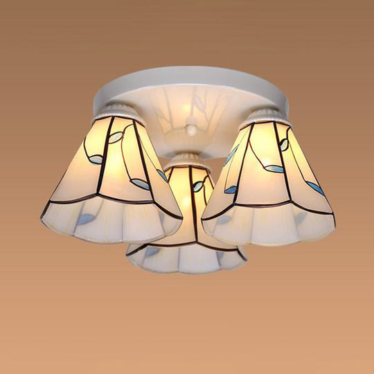 Blue Stained Glass Tiffany Ceiling Lamp For Living Room - Leaf/Stripes Flush Mount With 3/6 Lights