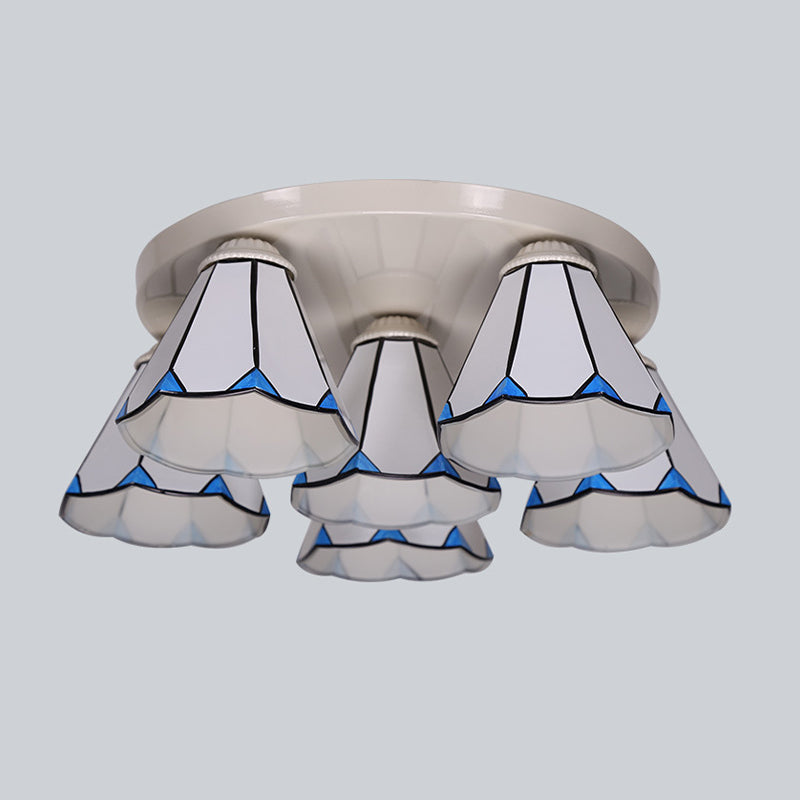 Blue Stained Glass Tiffany Ceiling Lamp For Living Room - Leaf/Stripes Flush Mount With 3/6 Lights