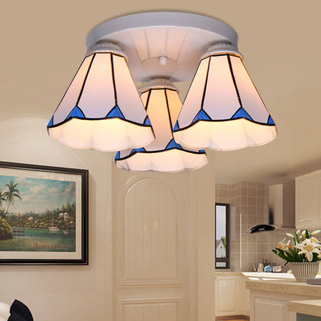 Blue Stained Glass Tiffany Ceiling Lamp For Living Room - Leaf/Stripes Flush Mount With 3/6 Lights 3