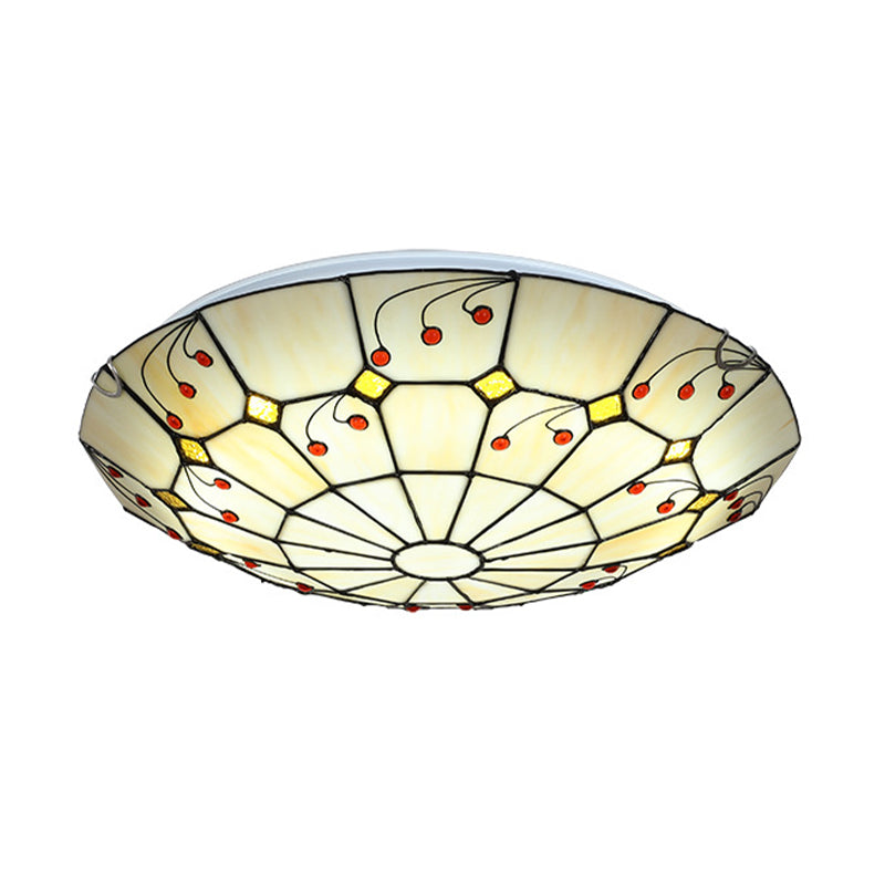 Tiffany Bowl Flush Light Fixture - Led Stained Glass Ceiling Mounted Lighting In Beige For Living