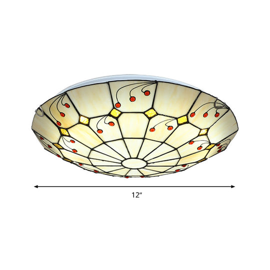 Tiffany Bowl Flush Light Fixture - Led Stained Glass Ceiling Mounted Lighting In Beige For Living