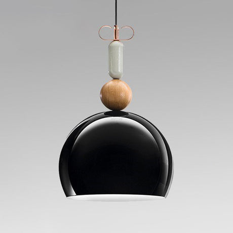 Contemporary Metal Domed Pendant Light Kit - 1 Down Lighting In Black/Red For Living Room