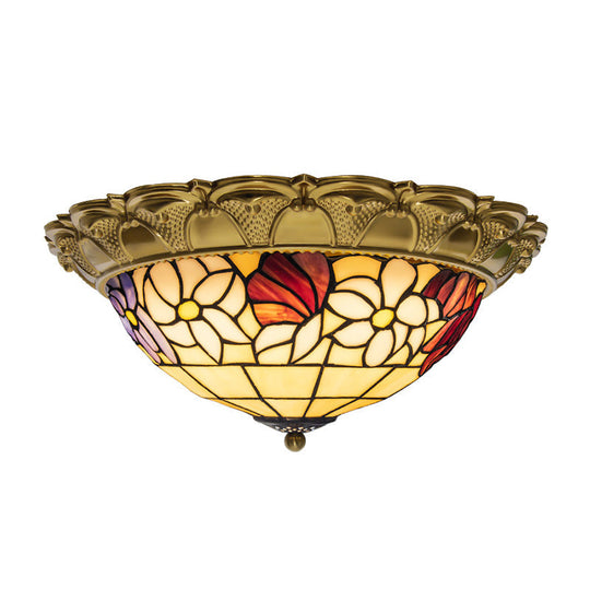 Led Stained Glass Flower Flush Mount Ceiling Light In Brass - Multiple Sizes Available