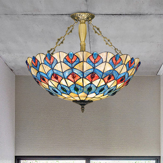 Antique Brass Stained Glass Tiffany Ceiling Light With Jeweled Semi Flush Mount - 4 Lights