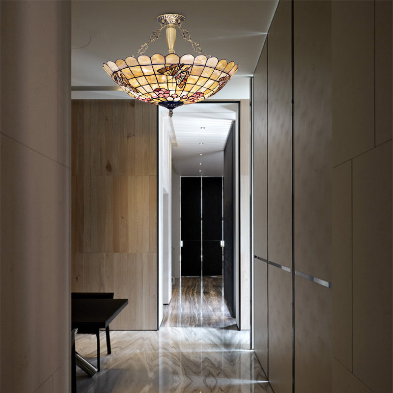 Tiffany Style Semi - Flush Ceiling Light With Butterfly Rose & Fruit Shell Shade