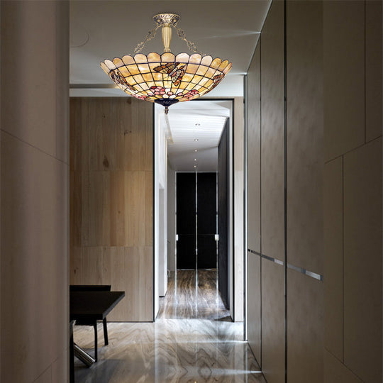 Tiffany Style Semi - Flush Ceiling Light With Butterfly Rose & Fruit Shell Shade