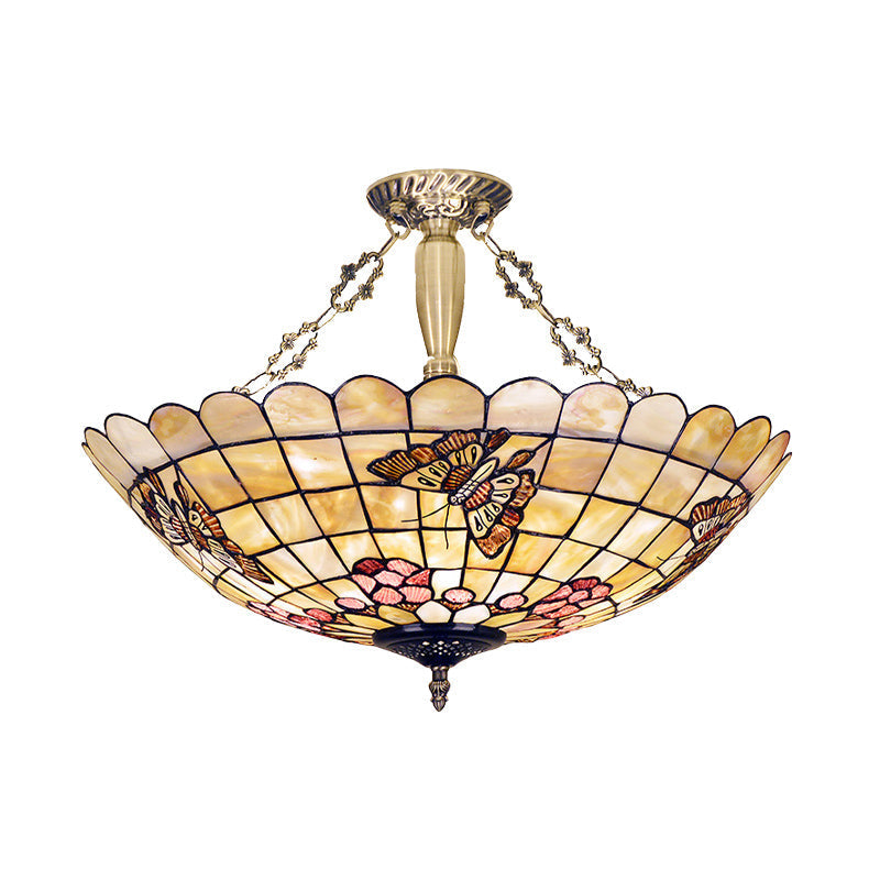Tiffany Style Semi - Flush Ceiling Light With Butterfly Rose & Fruit Shell Shade