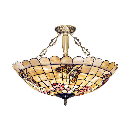 Tiffany Style Semi - Flush Ceiling Light With Butterfly Rose & Fruit Shell Shade
