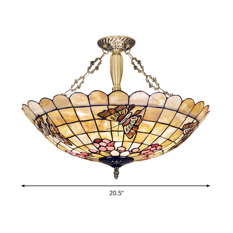 Tiffany Style Semi - Flush Ceiling Light With Butterfly Rose & Fruit Shell Shade