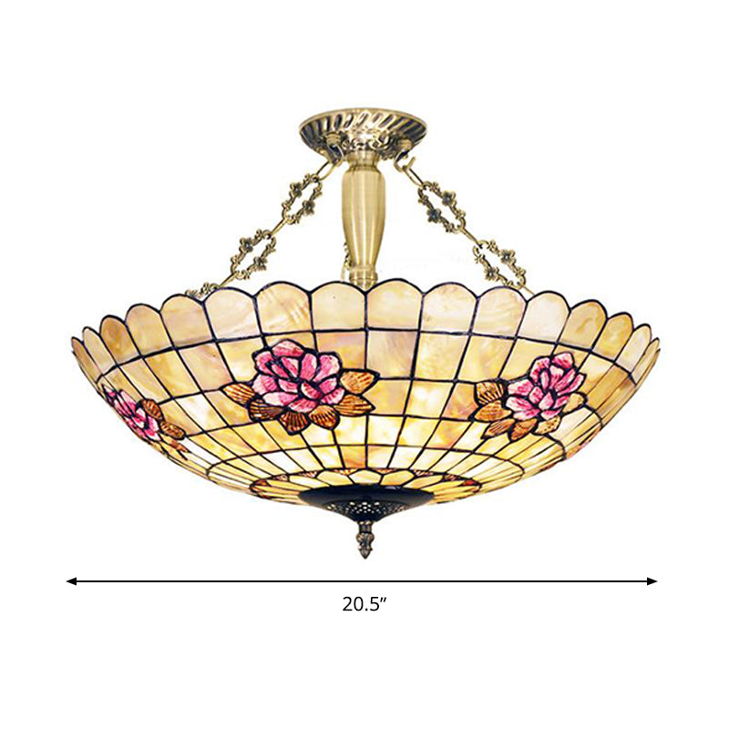Tiffany Style Semi - Flush Ceiling Light With Butterfly Rose & Fruit Shell Shade
