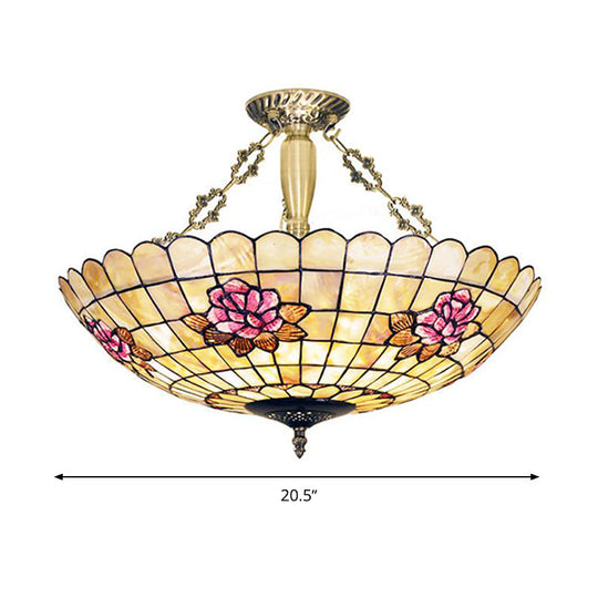 Tiffany Style Semi - Flush Ceiling Light With Butterfly Rose & Fruit Shell Shade