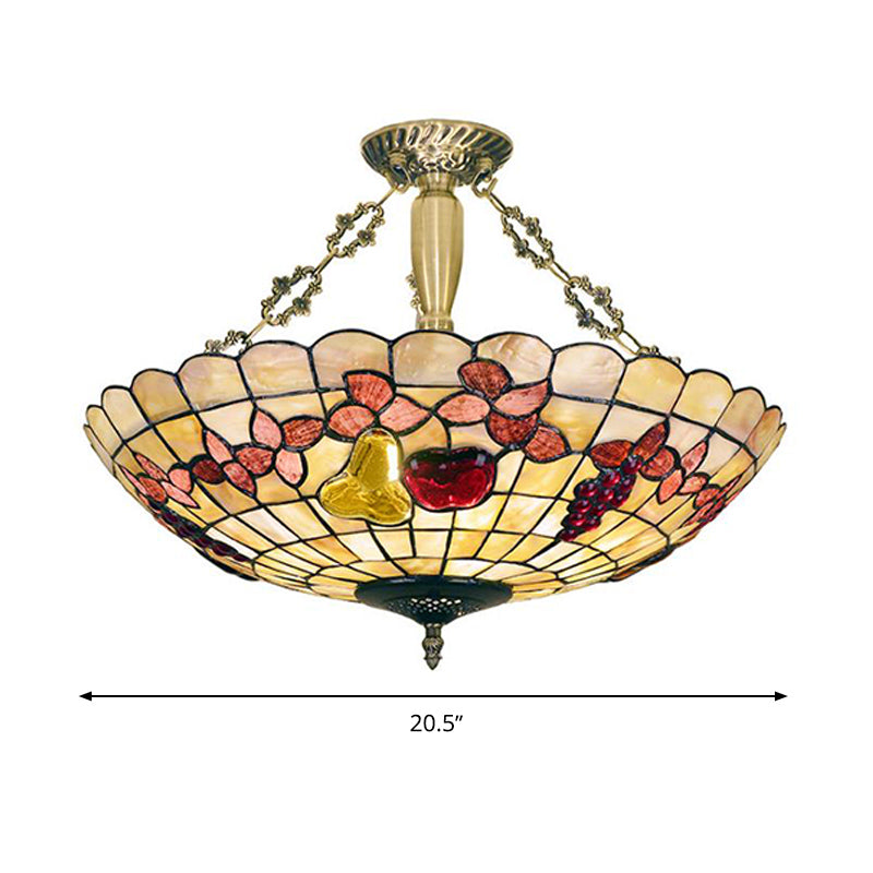 Tiffany Style Semi - Flush Ceiling Light With Butterfly Rose & Fruit Shell Shade