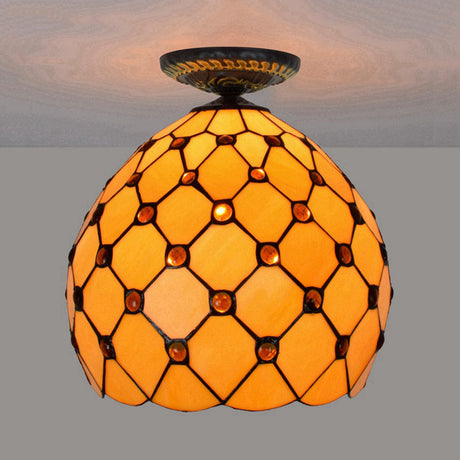Tiffany-Style Stained Glass Jeweled Ceiling Light In Bronze Flush Mount Multiple Sizes Available