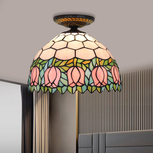Tiffany-Style Stained Glass Floral Ceiling Fixture: Bronze Flush Mount With Single Bulb / A