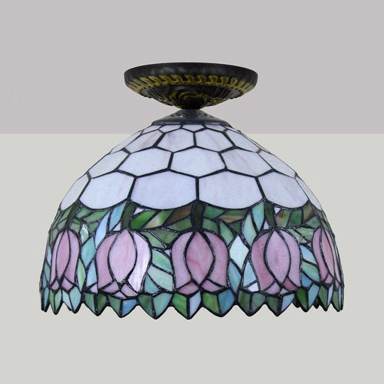 Tiffany-Style Stained Glass Floral Ceiling Fixture: Bronze Flush Mount With Single Bulb