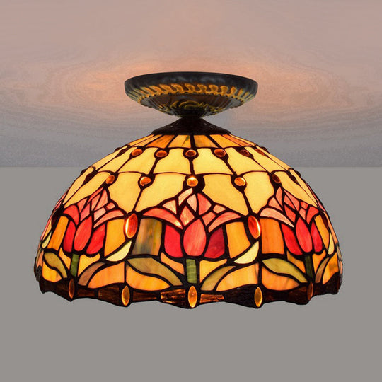 Tiffany-Style Stained Glass Floral Ceiling Fixture: Bronze Flush Mount With Single Bulb / B