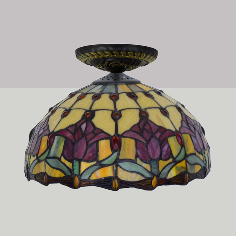Tiffany-Style Stained Glass Floral Ceiling Fixture: Bronze Flush Mount With Single Bulb