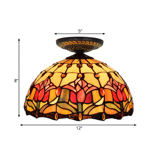 Tiffany-Style Stained Glass Floral Ceiling Fixture: Bronze Flush Mount With Single Bulb