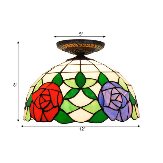 Tiffany-Style Stained Glass Floral Ceiling Fixture: Bronze Flush Mount With Single Bulb