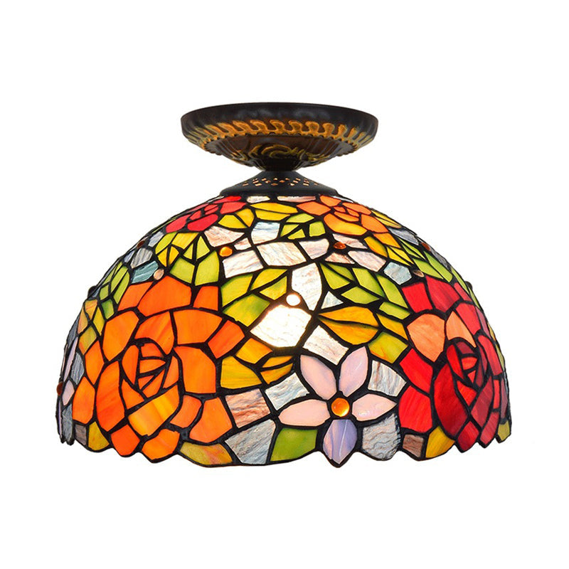 Tiffany-Style Stained Glass Floral Ceiling Fixture: Bronze Flush Mount With Single Bulb
