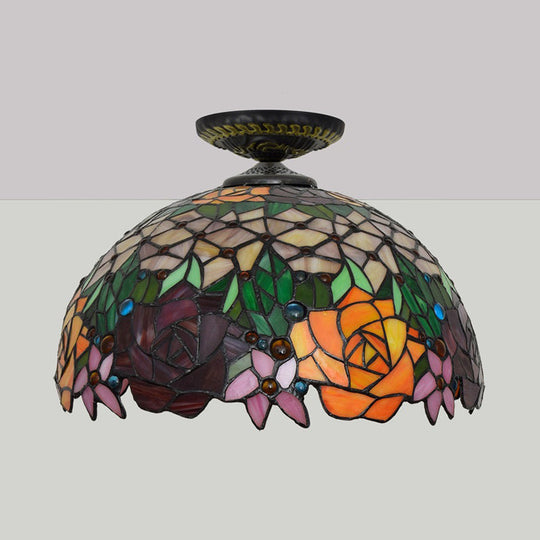 Bronze Rose/Flower Tiffany Ceiling Lamp - Multicolored Stained Glass Flush Mount Lighting