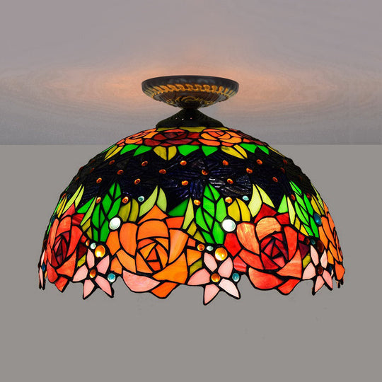 Bronze Rose/Flower Tiffany Ceiling Lamp - Multicolored Stained Glass Flush Mount Lighting / Rose